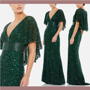 NWT $698 Mac Duggal [ 4 ] Sequined V Neck Cape Sleeve‎ Beaded Gown Green #Q745